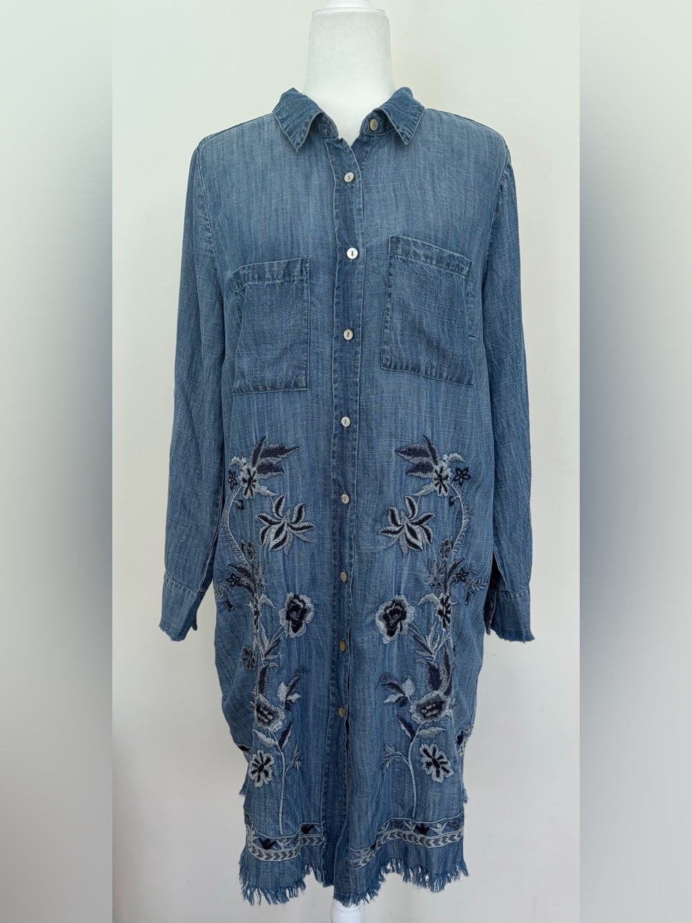Kyla Seo Embroidered Chambray Button Front Shirt Dress Large - Picture 3 of 13